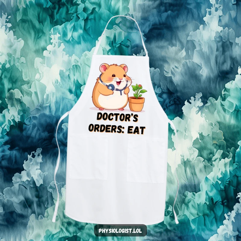 Funny apron design featuring a chubby hamster wearing a stethoscope, pretending to be a chef listening to a potted plant for culinary advice.