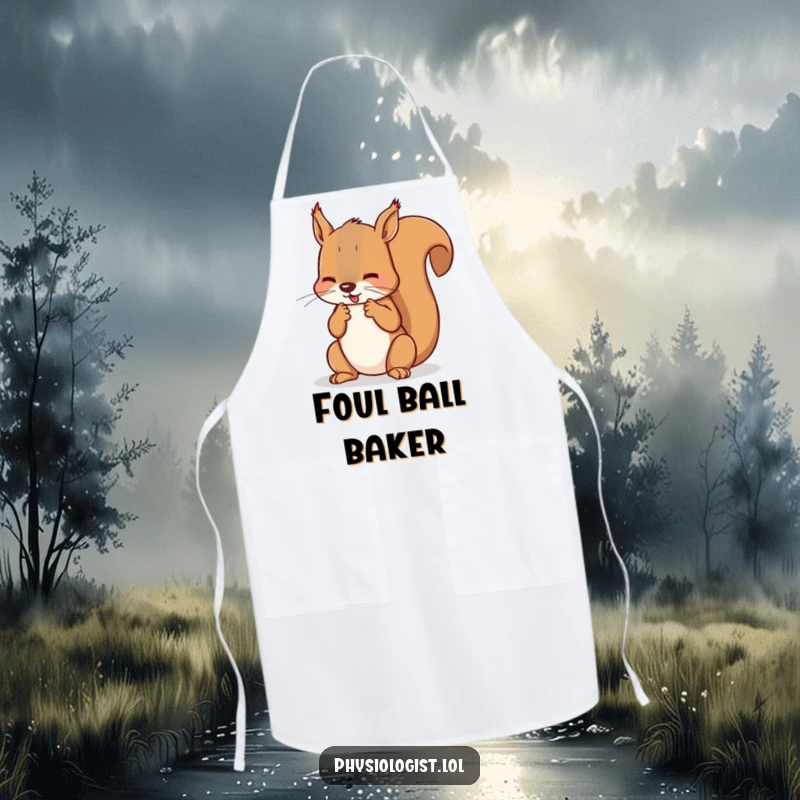 Funny squirrel referee apron featuring a squirrel counting imaginary fouls, perfect for kitchen sports humor and officiating.