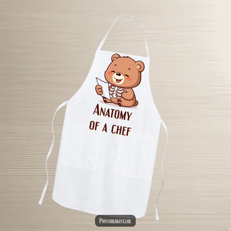 Funny apron with a happy bear cub examining a skeleton anatomy diagram, great for kitchen humor.