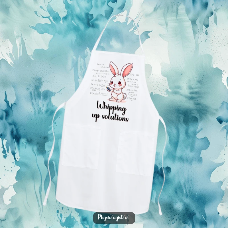 Funny apron showing an energetic bunny writing mathematical equations on a whiteboard, ready to cook up a storm with brainpower.