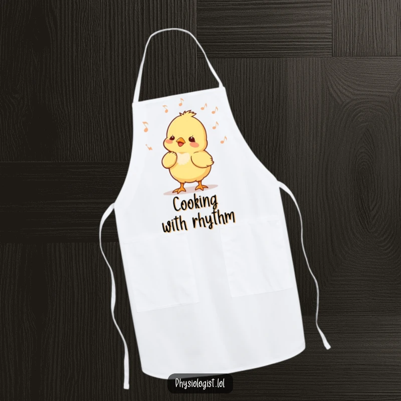 Funny chick music apron with a tiny chick energetically bobbing its head to music, designed for kitchen fun and rhythm.