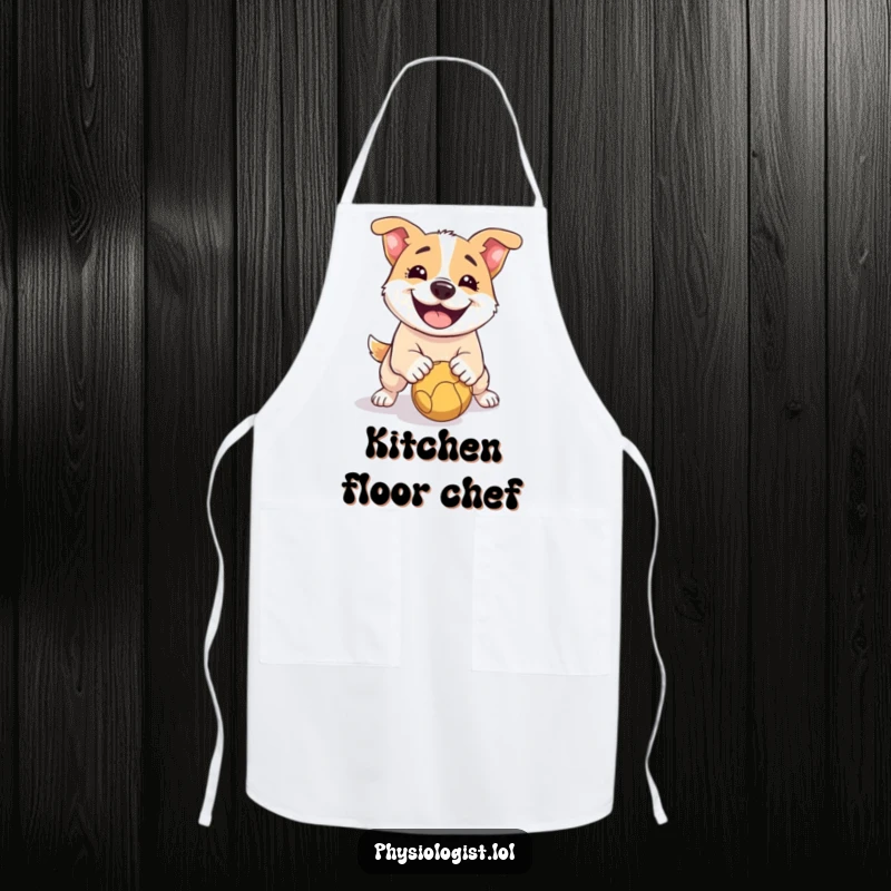 Funny Dog Apron: A kitchen apron featuring a smiling dog comically slipping on a ball, designed for humorous cooking sessions.