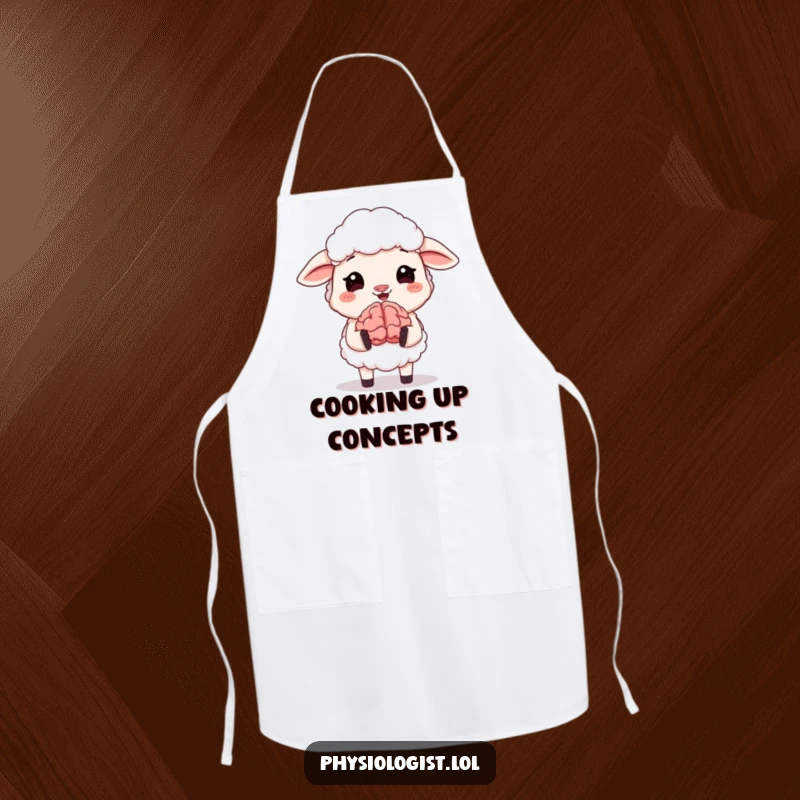Funny apron with a sheep cheerfully holding a miniature, animated brain. Perfect kitchen accessory for a humorous cook and a great funny gift.