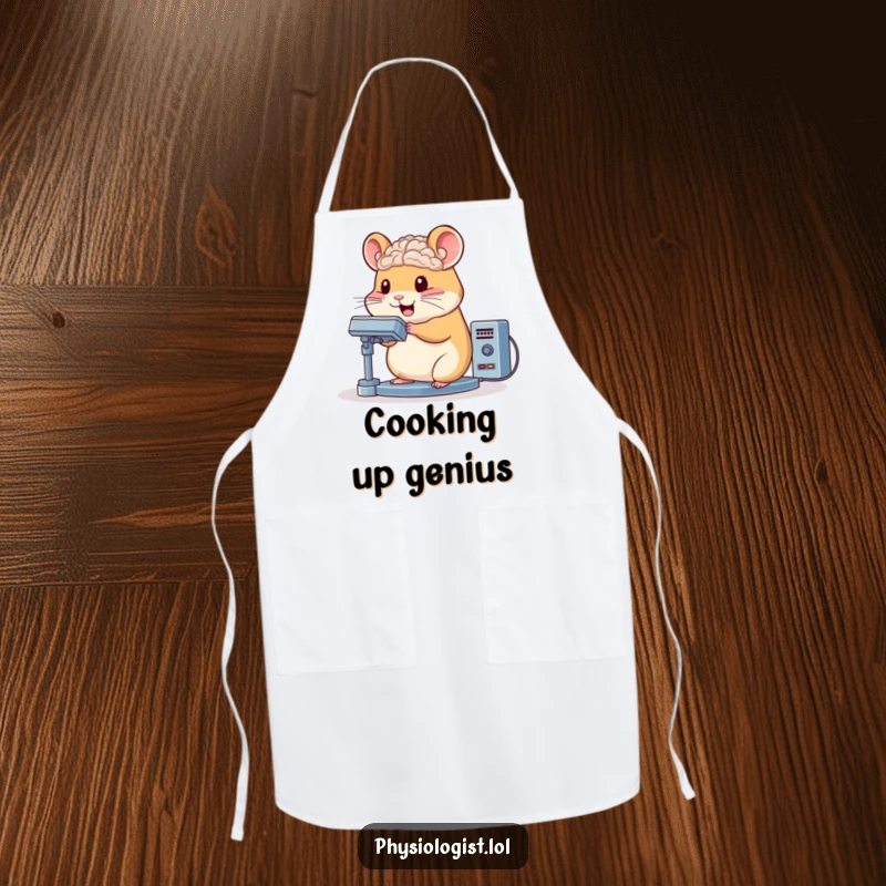 Funny hamster apron character bouncing while operating a complex brain scanner, a fun and practical kitchen accessory.