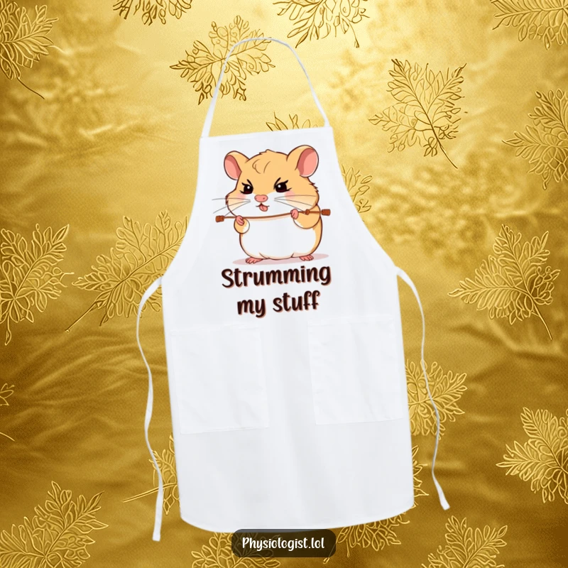 Funny hamster guitar apron with a determined hamster intensely focused on playing guitar strings, designed for kitchen rockstars.