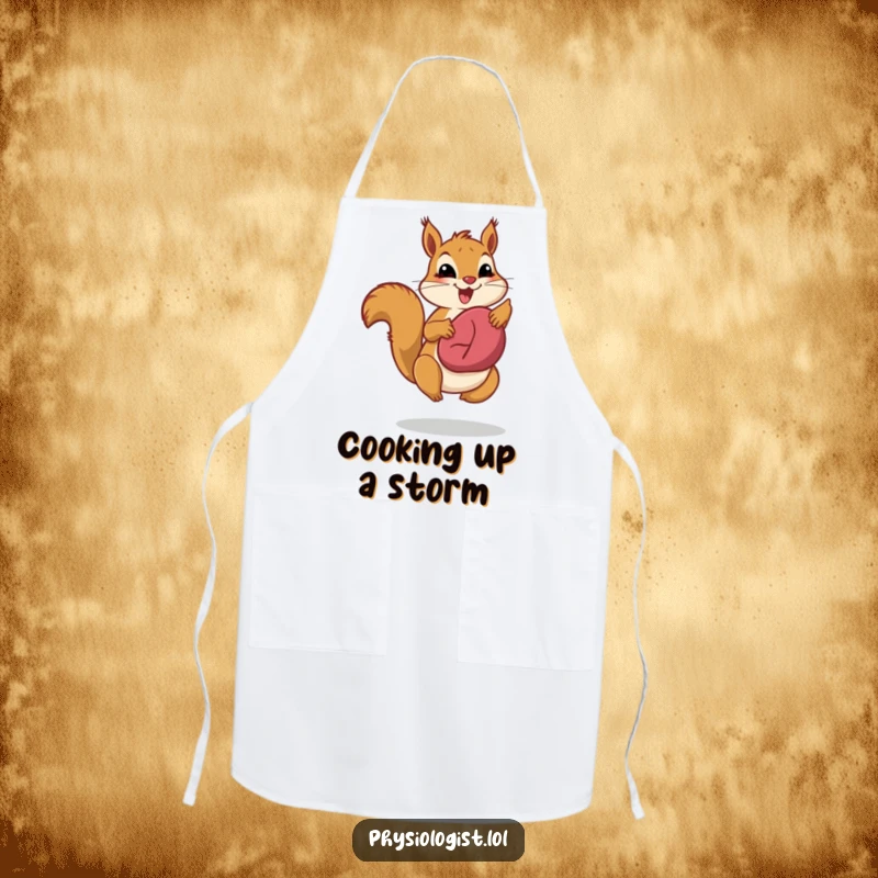 Funny liver health squirrel apron, depicting a jumping squirrel showing off a healthy liver, making kitchen tasks humorous and health-focused.