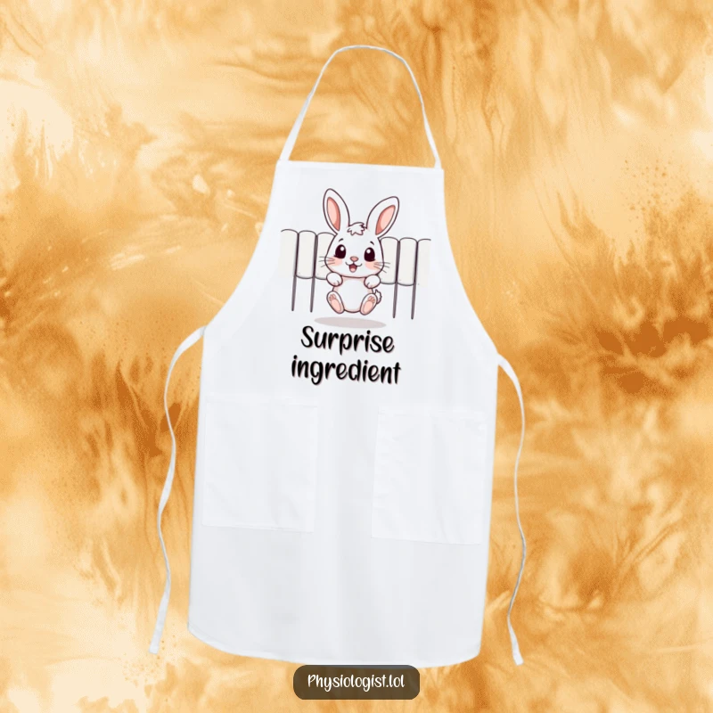 Funny apron with a cute jumping rabbit peeking over the edge, ready for kitchen adventures with a humorous touch.