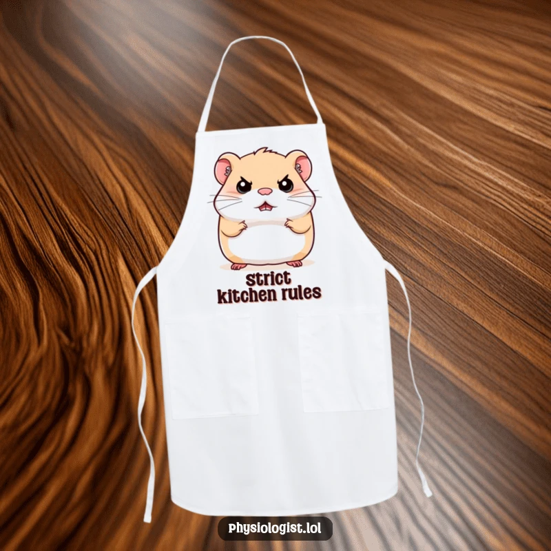 Funny stern hamster apron, a hamster bouncing with a determined expression, ideal for kitchen use.