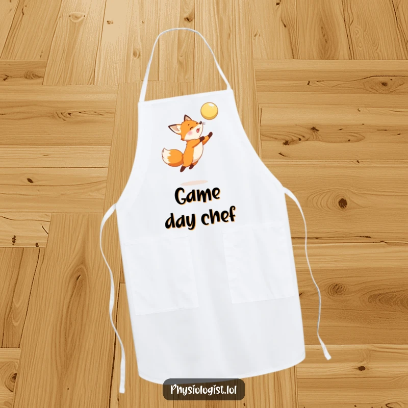 Funny Fox Apron: A chef's apron adorned with a leaping fox, comically poised to strike a hovering ball, ideal for kitchen humor.