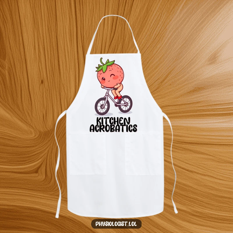 Funny blushing strawberry riding a unicycle, looking determined and cute, featured on a durable kitchen apron.