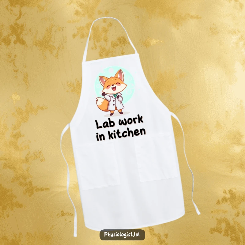 Funny tiny fox in a lab coat examining a giant glowing cell, wearing a playful apron, a humorous and practical kitchen accessory.