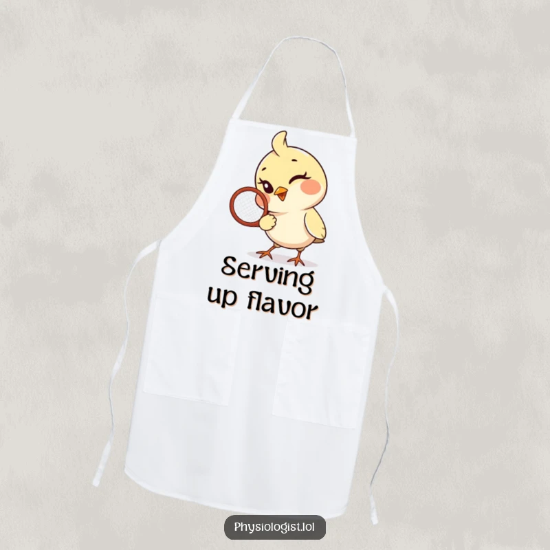 Funny Bird Apron: A playful bird winks while holding a tennis racquet, making kitchen tasks delightfully sporty.