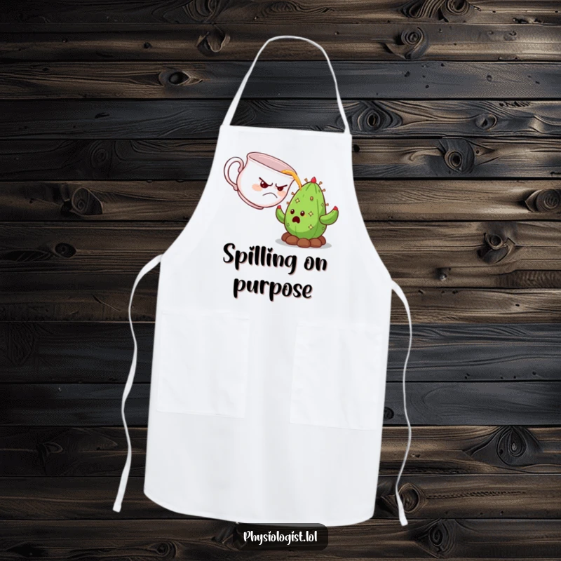 Funny grumpy teacup pouring tea onto a surprised cactus, featured on a durable kitchen apron.