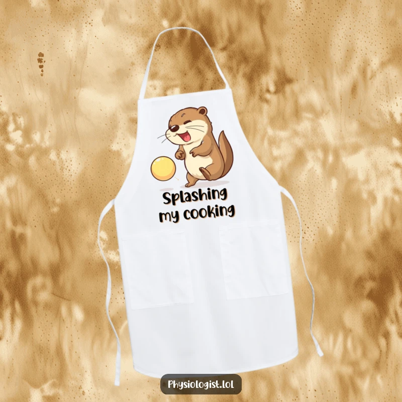 Funny otter apron showing an energetic otter smashing a bright ball, a humorous kitchen accessory.