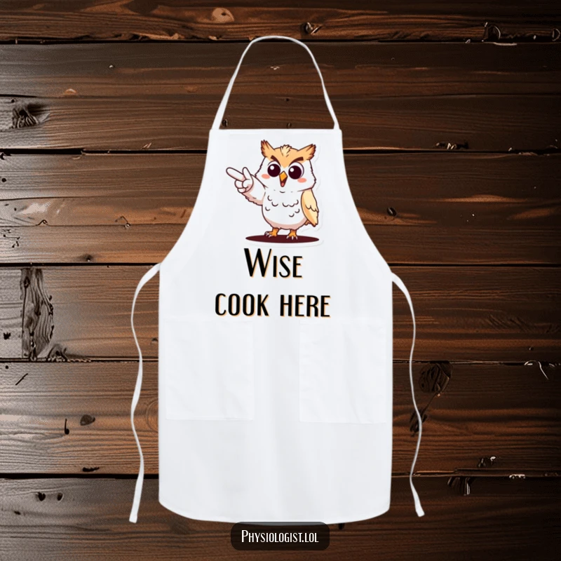Funny cheerful owl pointing apron, an owl dramatically indicating a goal, ideal for kitchen use.