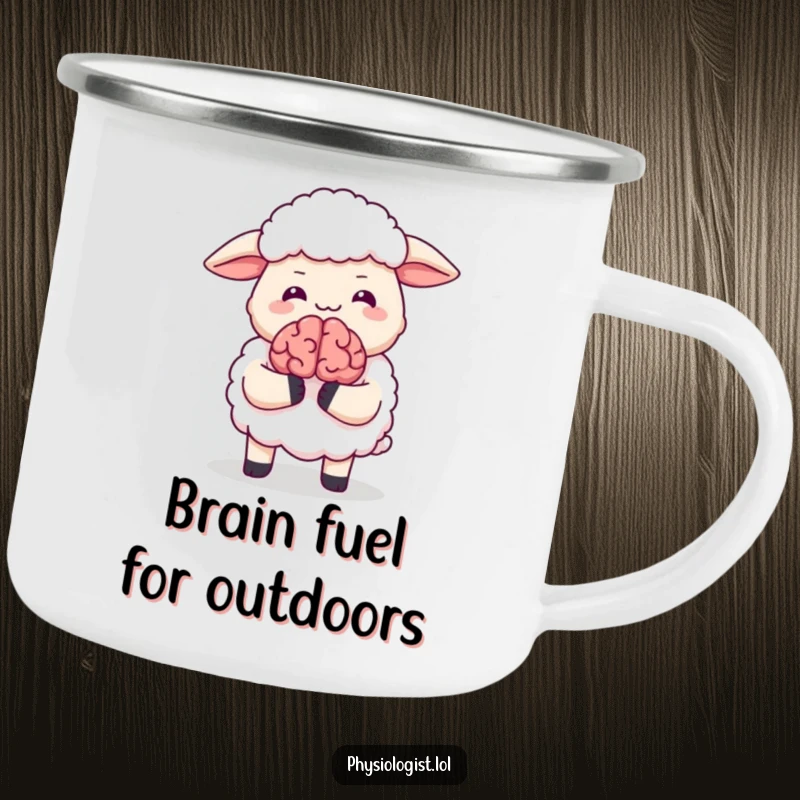 Funny camping mug with a giggling sheep holding a tiny animated brain, ideal for outdoor humor and warm beverages.