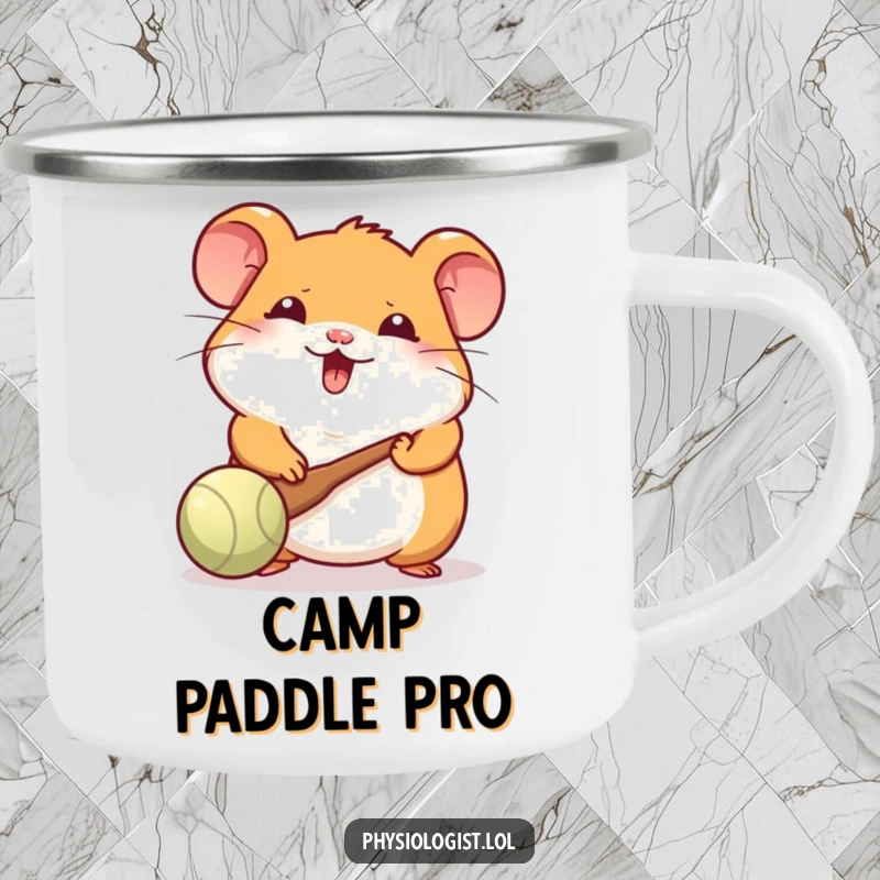 Funny Hamster Camping Mug: A cheerful hamster playing paddle ball, bringing fun and smiles to outdoor drinking.