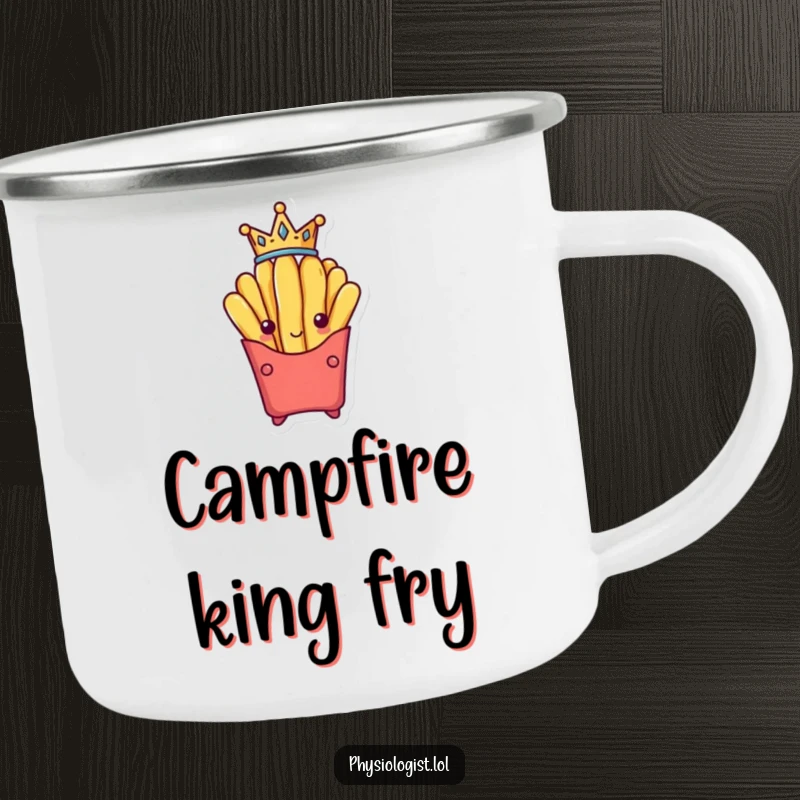 Funny french fry wearing a tiny crown on a camping trip, depicted on a rugged enamel camping mug.