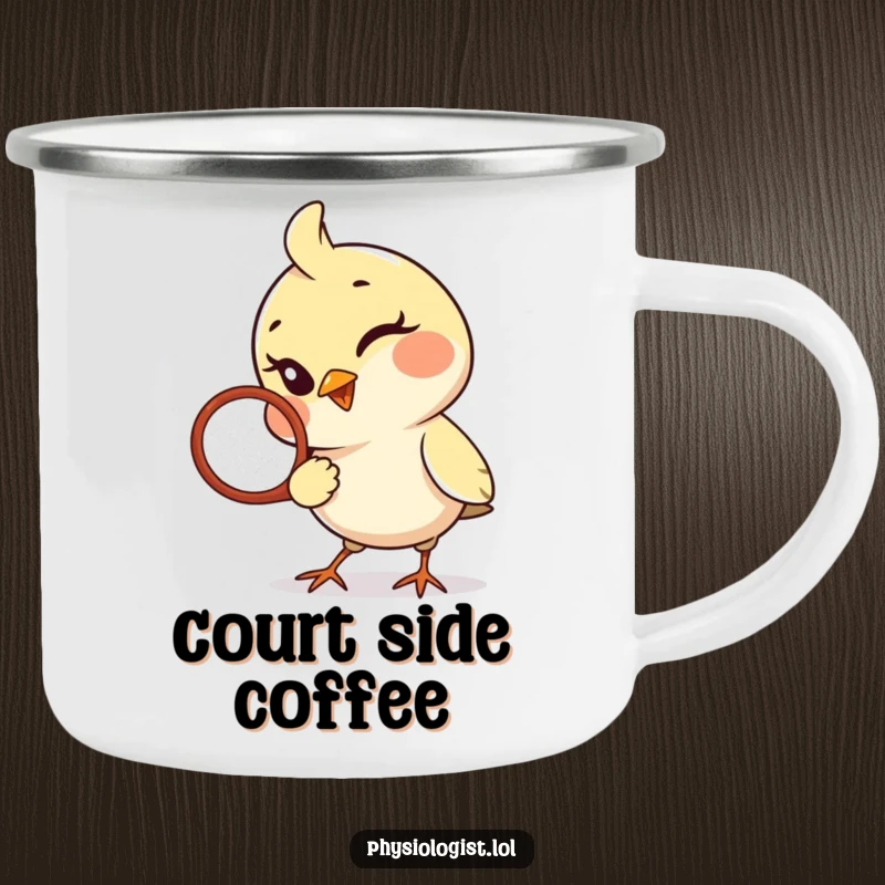 Funny Bird Camping Mug: A playful bird winks while holding a tennis racquet, perfect for enjoying drinks outdoors.