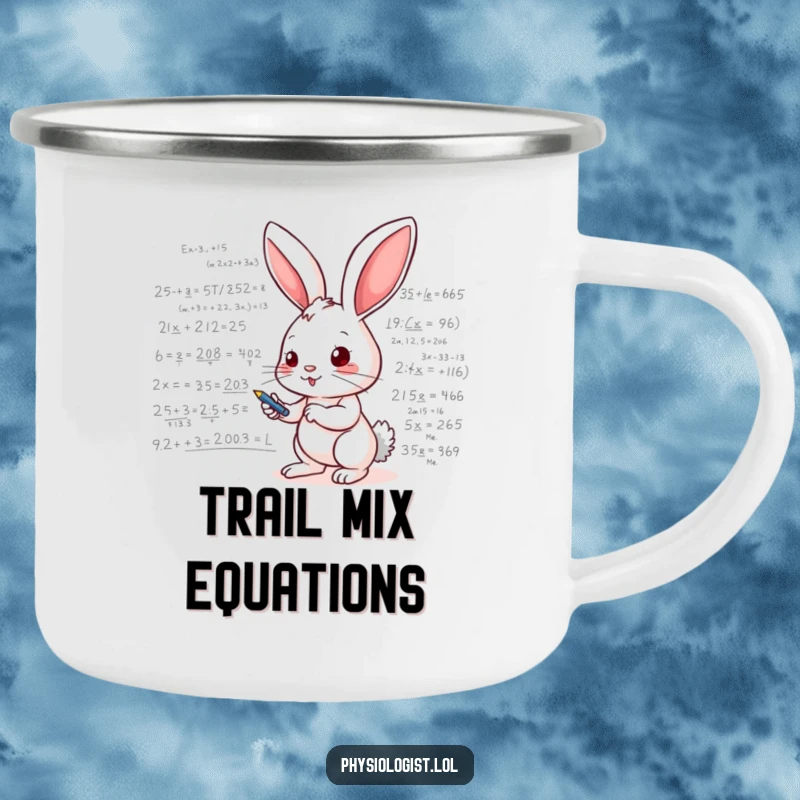 Funny camping mug featuring an energetic bunny scribbling complex mathematical equations on a whiteboard, ideal for outdoor thinkers and coffee lovers.