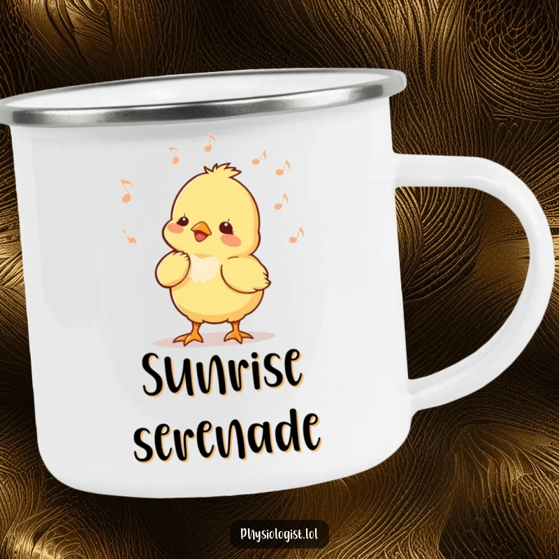 Funny chick music camping mug with a tiny chick bobbing its head to music, designed for outdoor musical enjoyment.