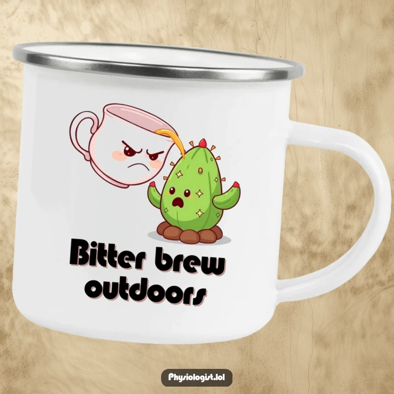 Funny grumpy teacup pouring tea onto a surprised cactus, depicted on a rugged enamel camping mug.