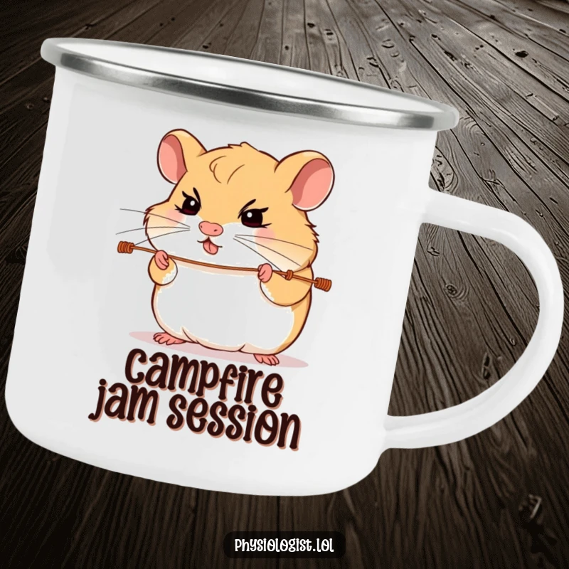 Funny hamster guitar camping mug with a determined hamster intensely focused on playing guitar strings, designed for outdoor musical enjoyment.