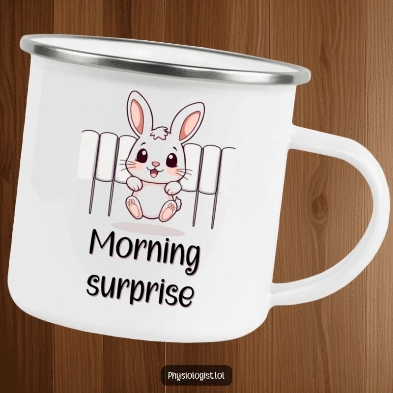 Funny camping mug featuring a jumping rabbit peeking out from behind a tree, bringing humor to outdoor adventures.
