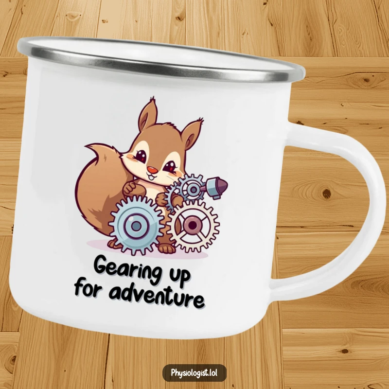 Funny camping mug depicting a determined squirrel carefully adjusting complex spinning gears, perfect for humorous outdoor hydration.