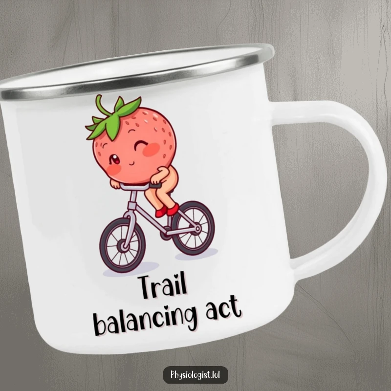 Funny blushing strawberry riding a unicycle on a camping trip, depicted on a rugged enamel camping mug.