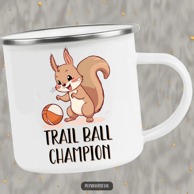 Funny Squirrel Camping Mug: A mischievous squirrel actively chasing a bouncing ball, adding fun to outdoor beverage enjoyment.