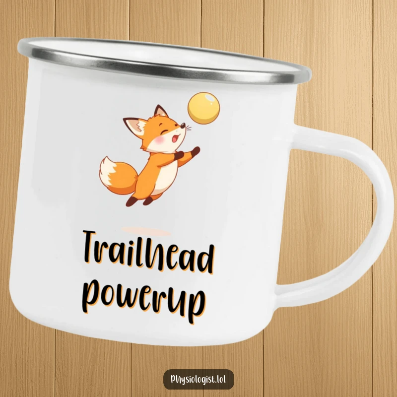 Funny Fox Camping Mug: A sturdy enamel mug with a funny leaping fox design, ready for outdoor adventures and laughter.