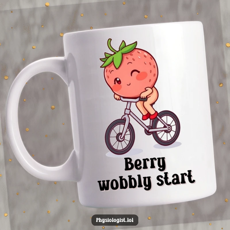 Funny blushing strawberry wobbling but determinedly riding a unicycle, looking slightly embarrassed.