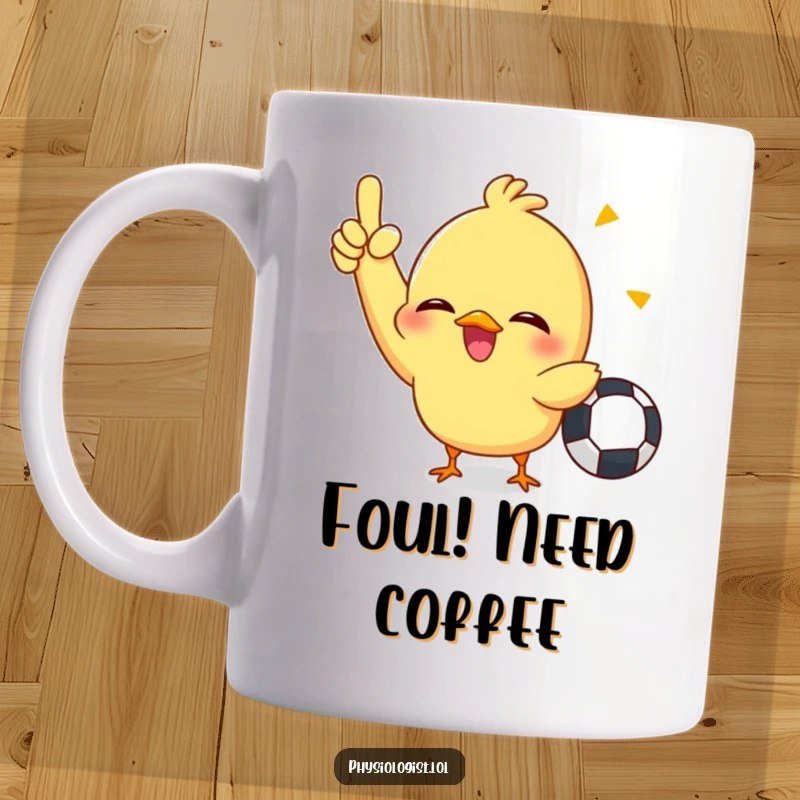 Funny mug with a giggling yellow chick enthusiastically holding up a penalty flag, signaling a humorous foul in a game.