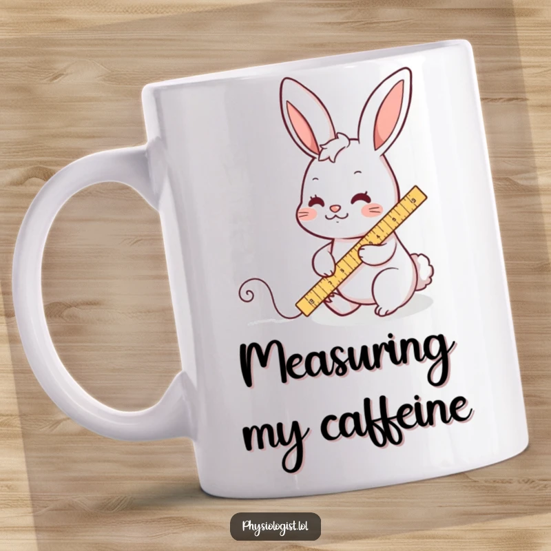 Funny mug graphic of a busy rabbit character diligently measuring a wiggly line with a ruler, depicting meticulous and humorous attention to detail.