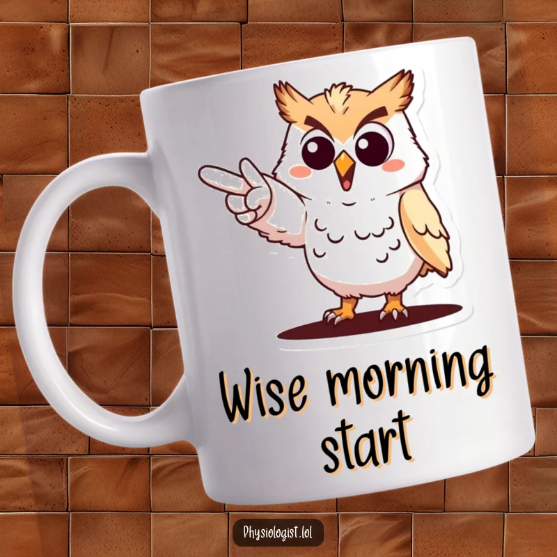 Funny cheerful owl pointing mug, an owl dramatically indicating a goal, motivational and humorous gift for achievers.