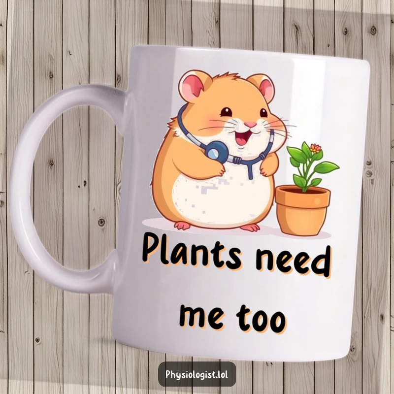 Funny hamster mug showing a chubby doctor hamster with a stethoscope listening intently to a green potted plant, full of medical curiosity.