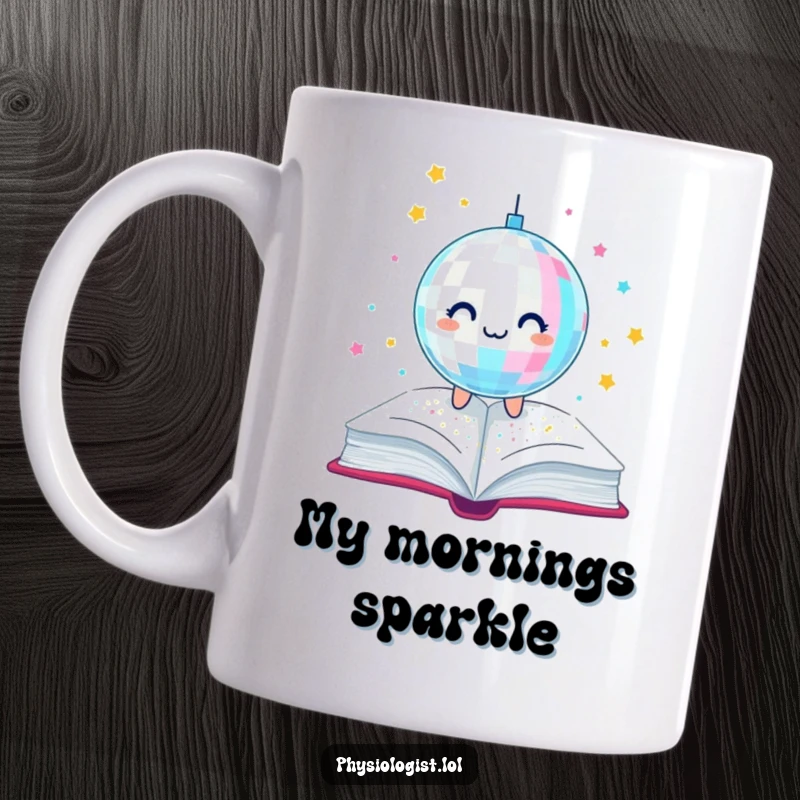 Funny mug showing a jubilant disco ball raining glitter onto an open book, celebrating the joy of reading with a touch of disco flair.