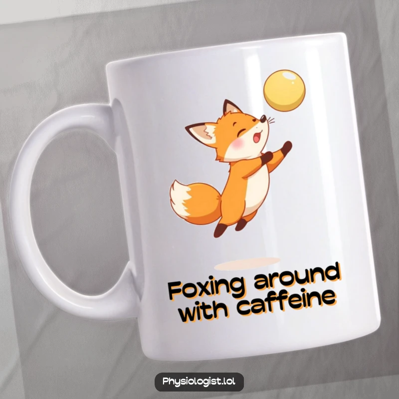 Funny Fox Mug: Energetic fox leaping high, attempting to hit a hovering ball, showcasing playful determination and joy.