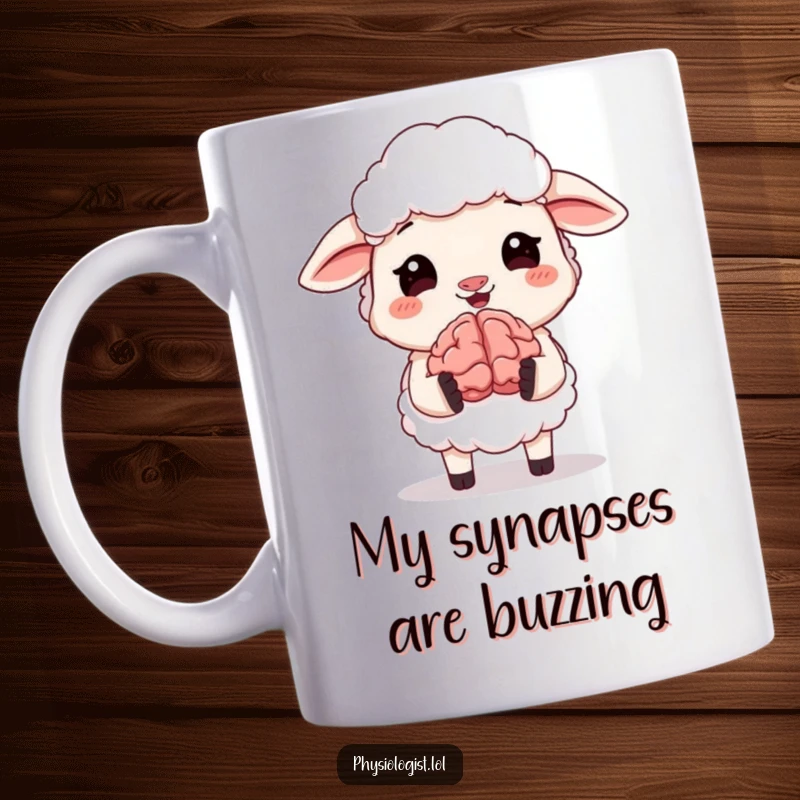 Funny mug showcasing a giggling sheep looking ecstatic while holding a small, animated, glowing brain. A perfect humorous intellectual gift.