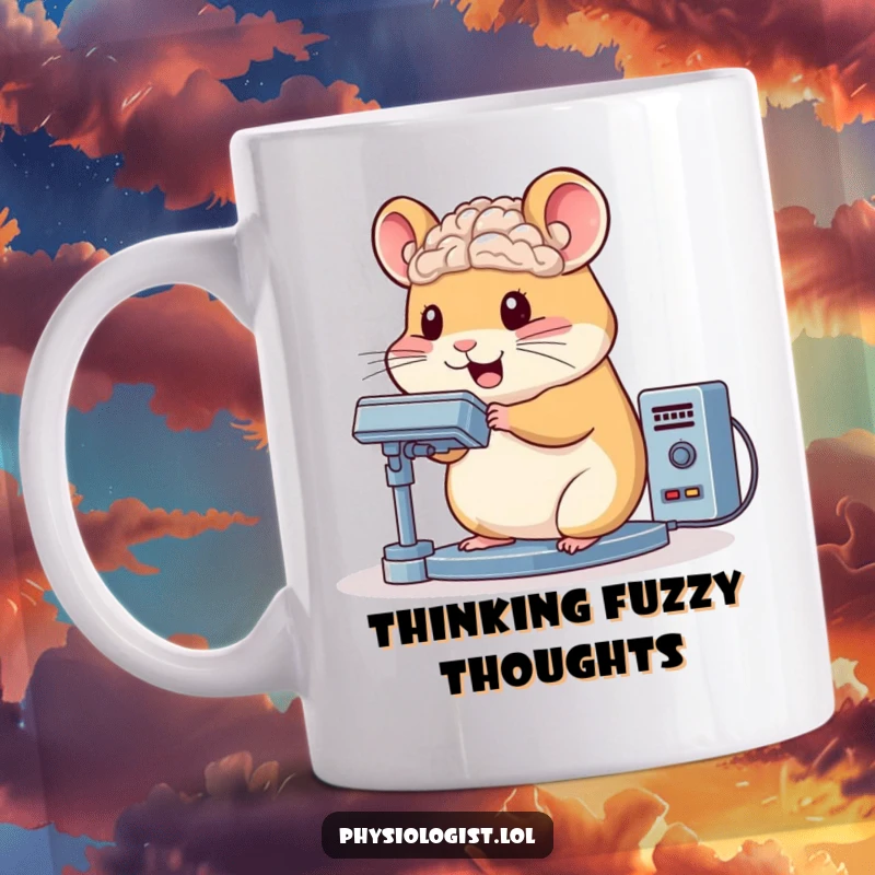 Funny hamster mug character bouncing energetically while operating a complex brain scanner, a humorous depiction of intense focus.