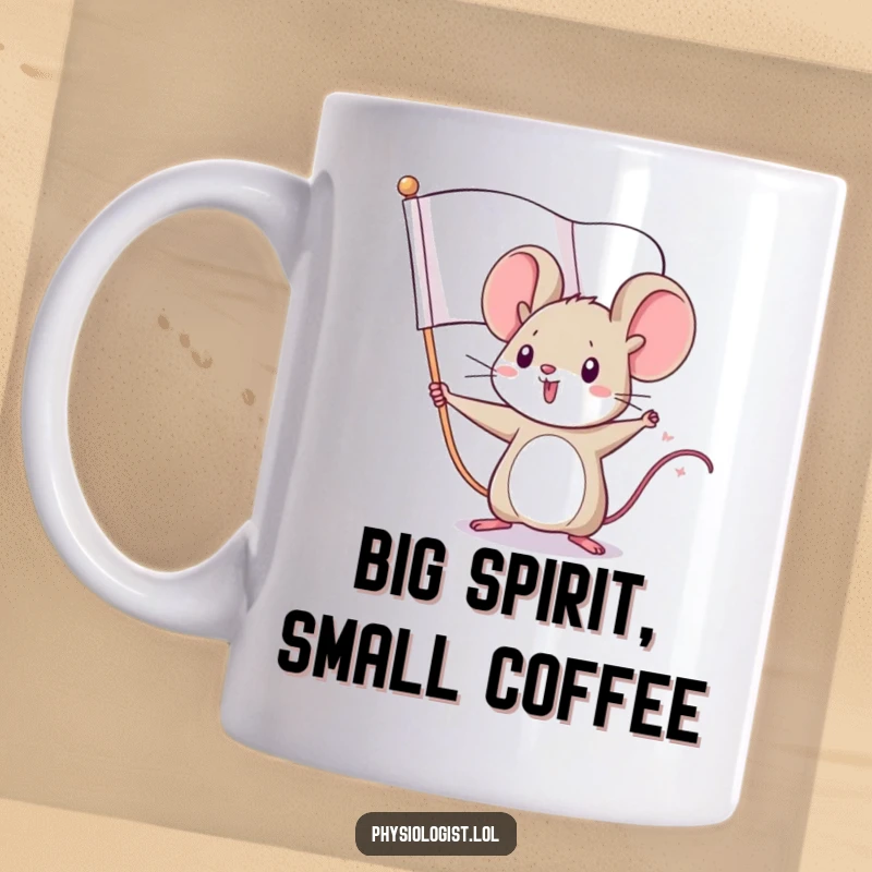 Funny tiny mouse mug showing a determined little rodent bravely waving an oversized, fierce flag, symbolizing courage and big dreams.