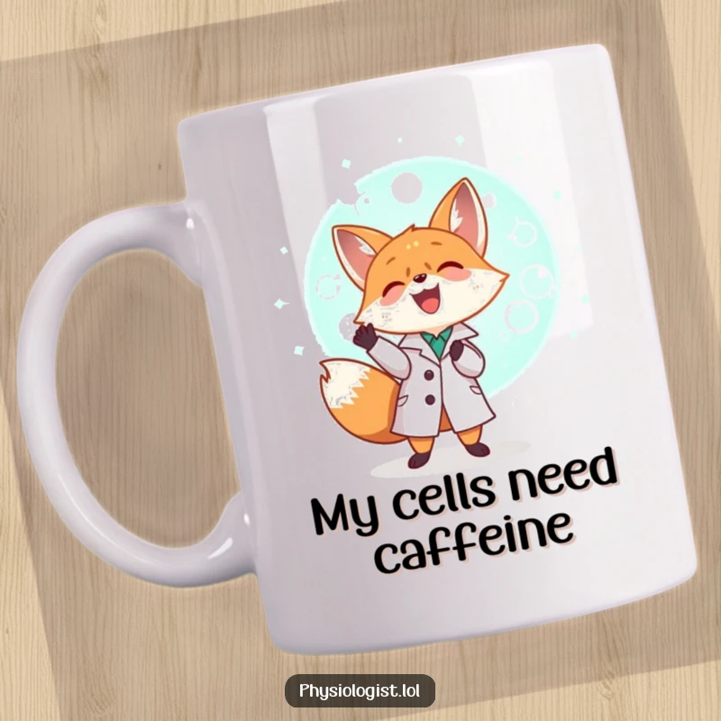 Funny tiny fox in a lab coat joyfully examining a giant glowing cell, a humorous mug for science enthusiasts.