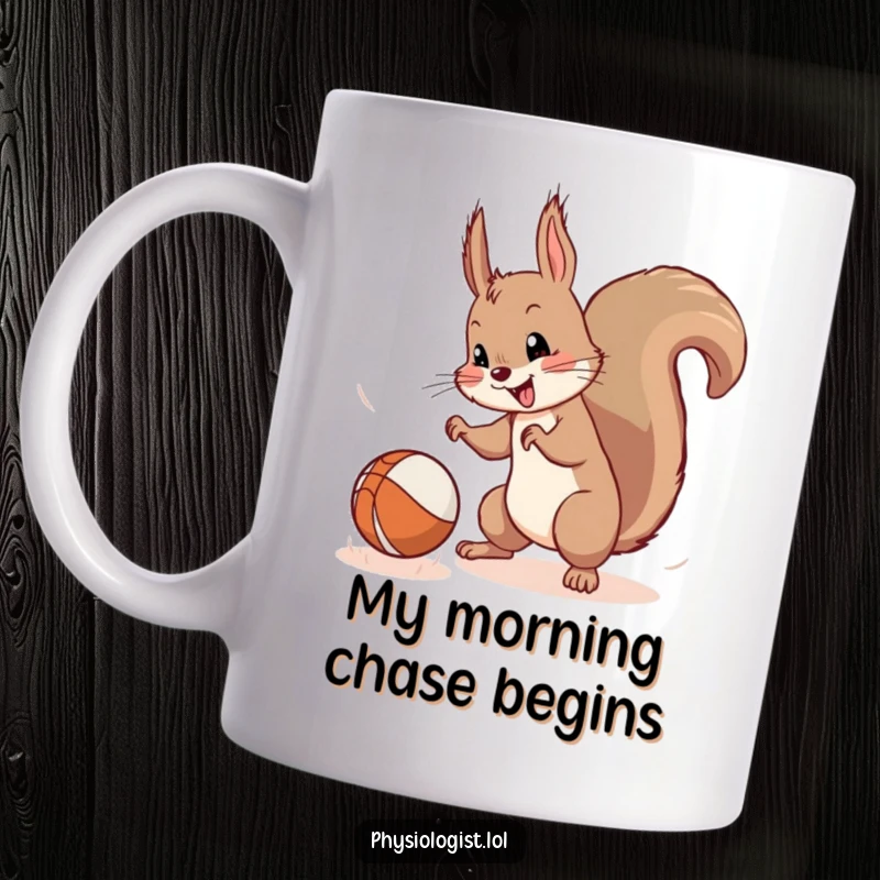 Funny Squirrel Mug: A mischievous squirrel joyfully catches a wildly bouncing ball, capturing a moment of energetic fun.
