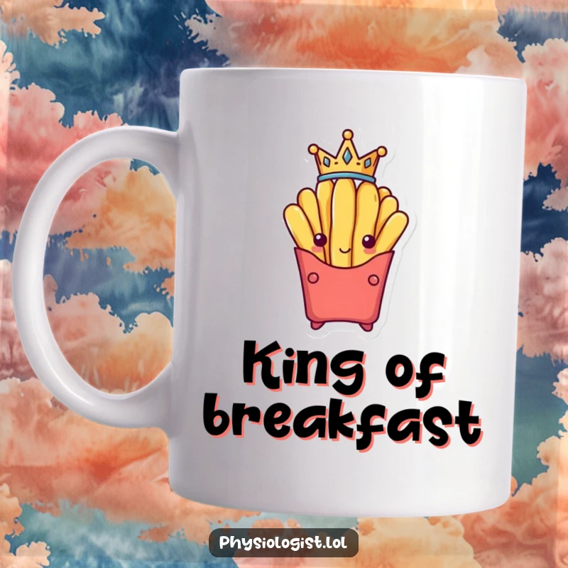 Funny french fry wearing a small, golden crown, looking proud and victorious after a great achievement.