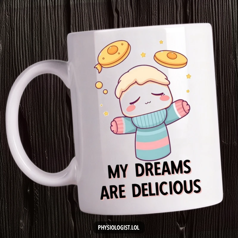 Funny sock puppet mug depicting a sleepy character blissfully dreaming of delicious flying pancakes, a whimsical and humorous breakfast fantasy.