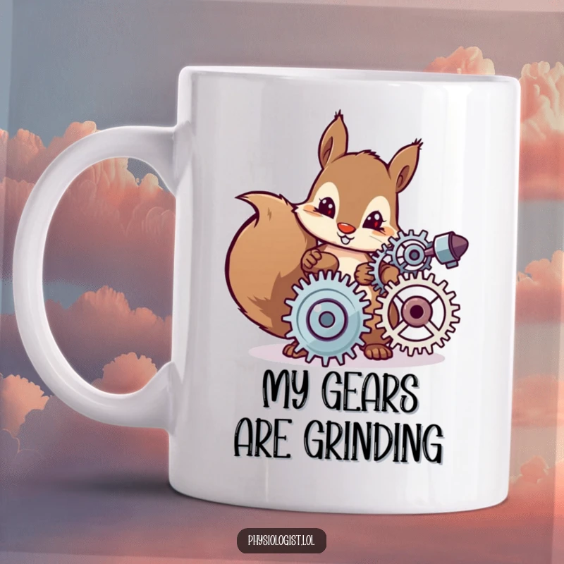 Funny mug graphic of a determined squirrel character carefully adjusting complex spinning gears, depicting inventive and humorous mechanical skill.