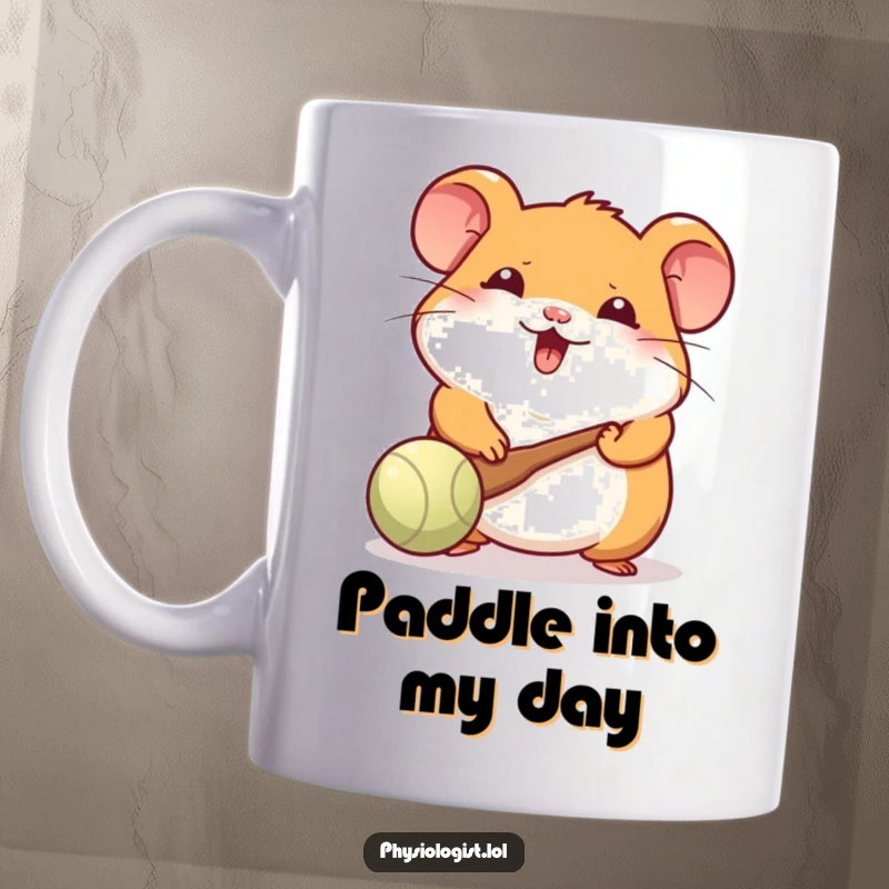 Funny Hamster Mug: A cheerful hamster happily bats a ball with a tiny paddle, showcasing energetic playfulness.