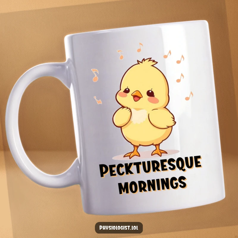 Funny chick music mug showing a tiny chick energetically bobbing its head to unseen music, full of joyful rhythm.