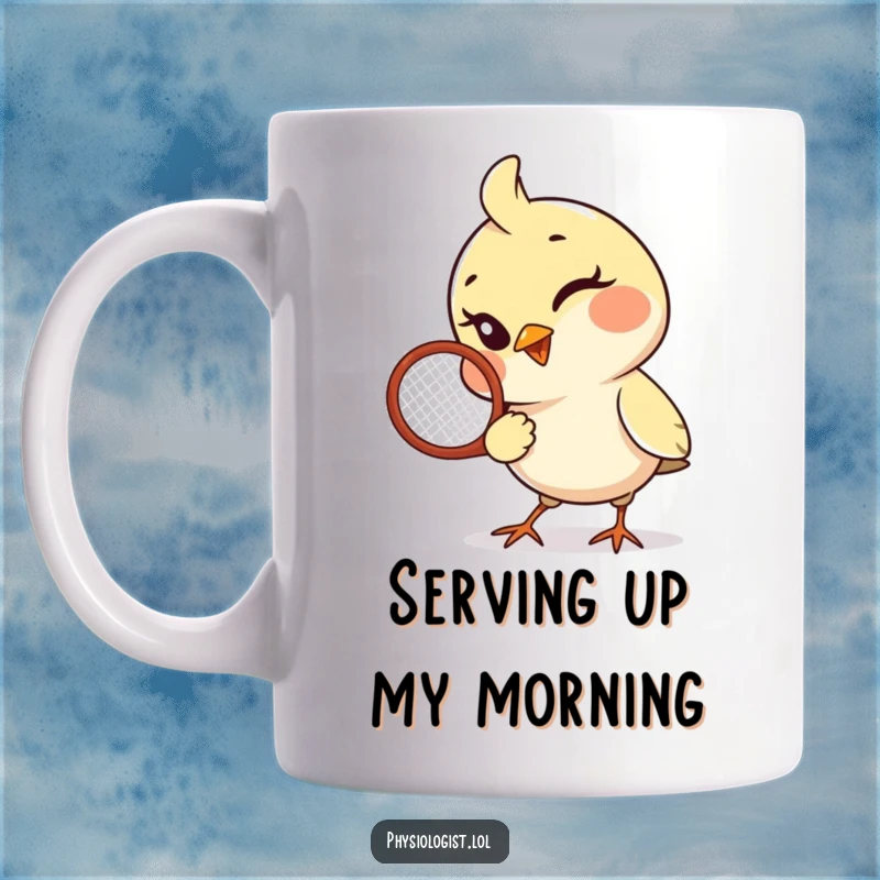 Funny Bird Mug: A playful bird winks mischievously while holding a tennis racquet, perfect for sports humor.